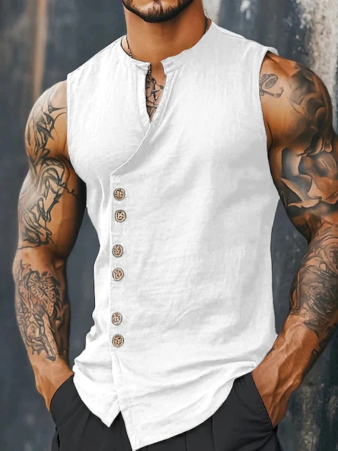 Completo da Uomo 2 Pezzi Effetto Lino per Vacanze al Mare, Gilet Senza Maniche con Colletto Rialzato e Pantaloni a Gamba Larga con Bottoni Laterali, Traspirante Casual Estivo