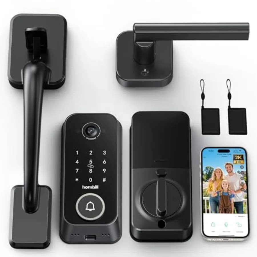 Set Serratura Intelligente per Porta d'Ingresso con Telecamera HD 2K e Campanello, Serratura a Cilindro con Impronta Digitale e Accesso Senza Chiave, Maniglie con WiFi Integrato 2.4