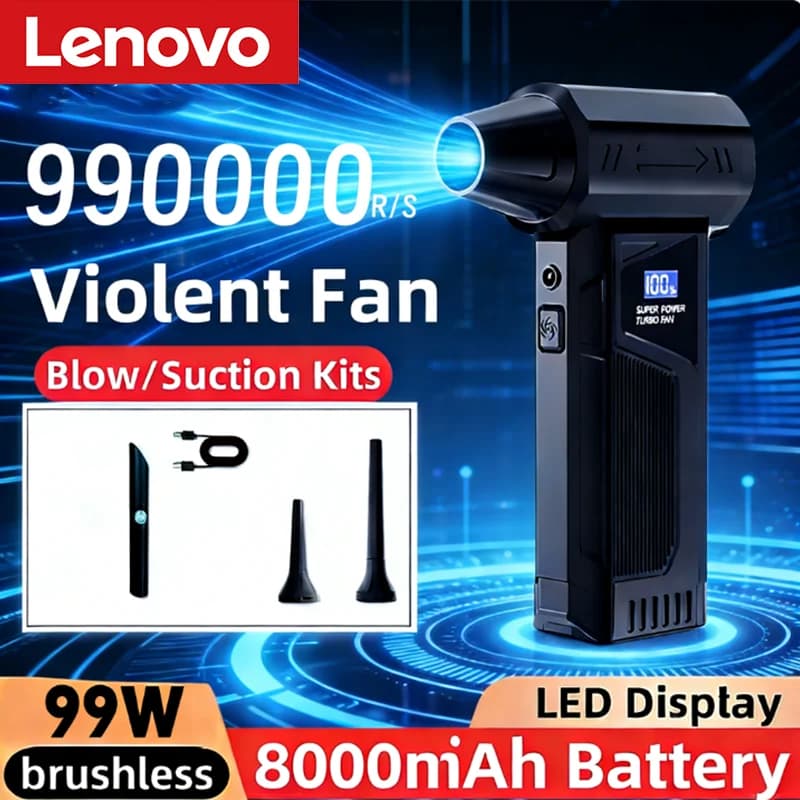 Ventilatore Portatile Lenovo Wireless Jet Fan 990000RPM con Motore Brushless, Soffiatore Turbo, Aspirapolvere per Auto, Display Illuminato, per Esterni