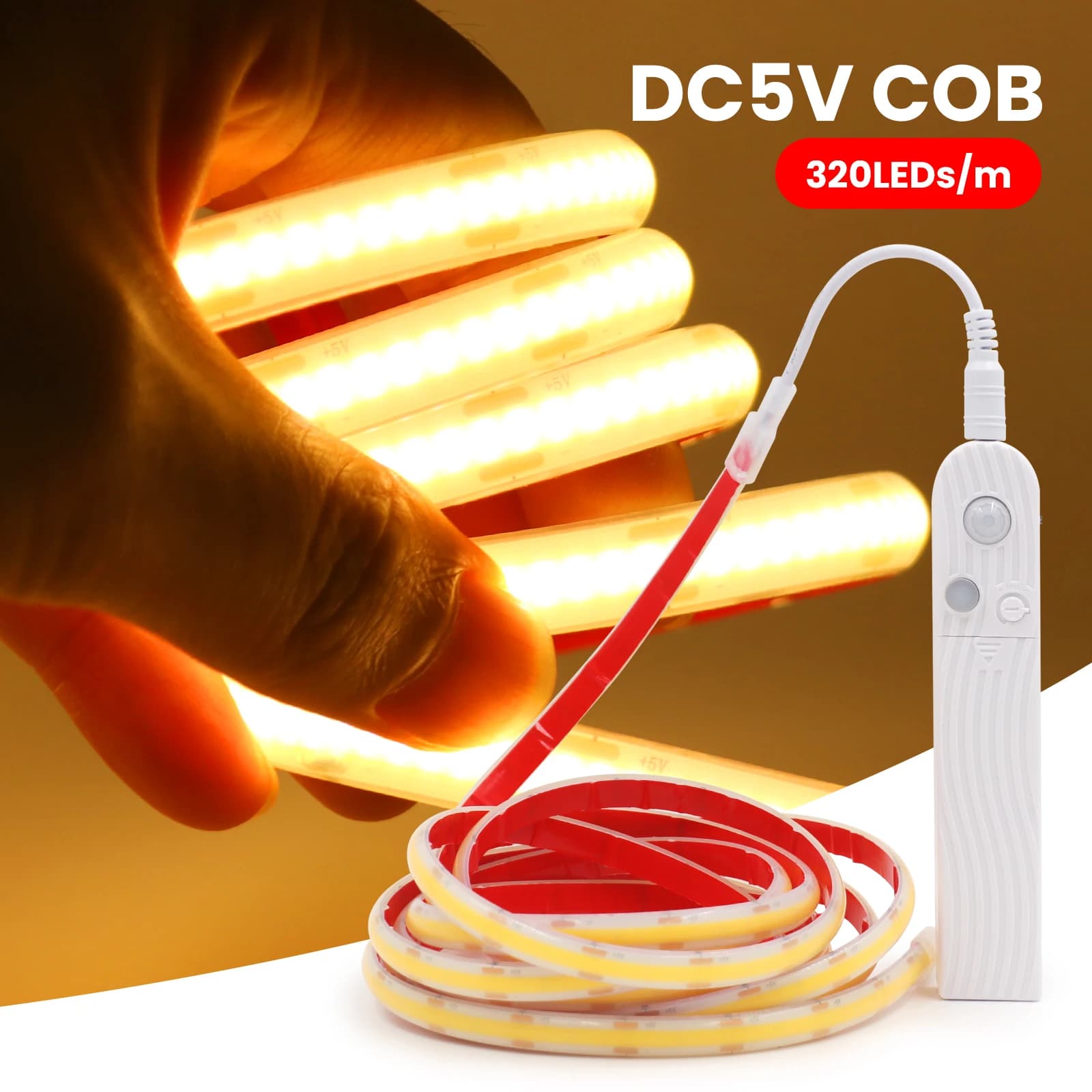 IP68 Impermeabile COB LED Strip Light DC5V Alimentato a batteria Nastro flessibile a diodi 320 led/m Corda Illuminazione lineare 3000K-6000K