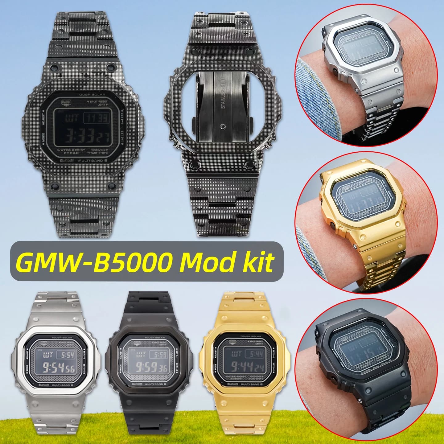 Cassa e cinturino in acciaio inossidabile GMW B5000 per Casio G-SHOCK GMW-B5000, cinturino in metallo modificato da uomo + set di accessori per orologio con ghiera.