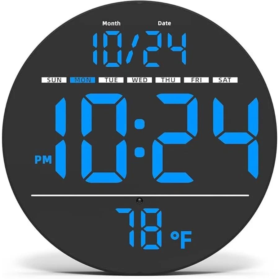 Digital Wall Clock with Large LED Display, Date, Temperature, Auto-Brightness Small Modern Electric Wall Clock for Bedroom, Cla
