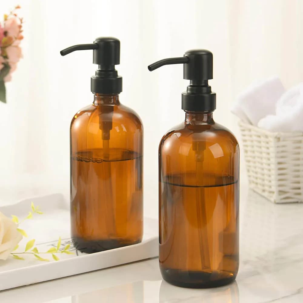 Dispenser di Sapone in Vetro Ambrato con Pompa Nera, Erogatore di Sapone Liquido per Bagno, Dispenser di Sapone per Piatti da Cucina, 16Oz 500ml