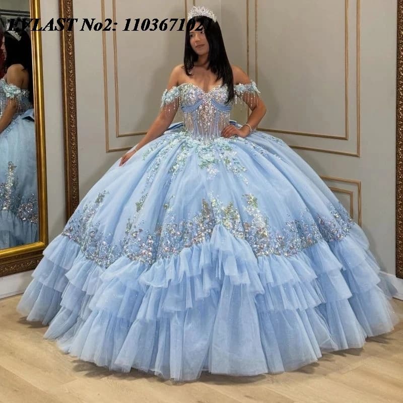 EVLAST Personalizzato Glitter Blu Abito Quinceanera Off Spalla Paillettes Applique in pizzo Perline Dolce 16 Abiti da 15 Anos E2QA80