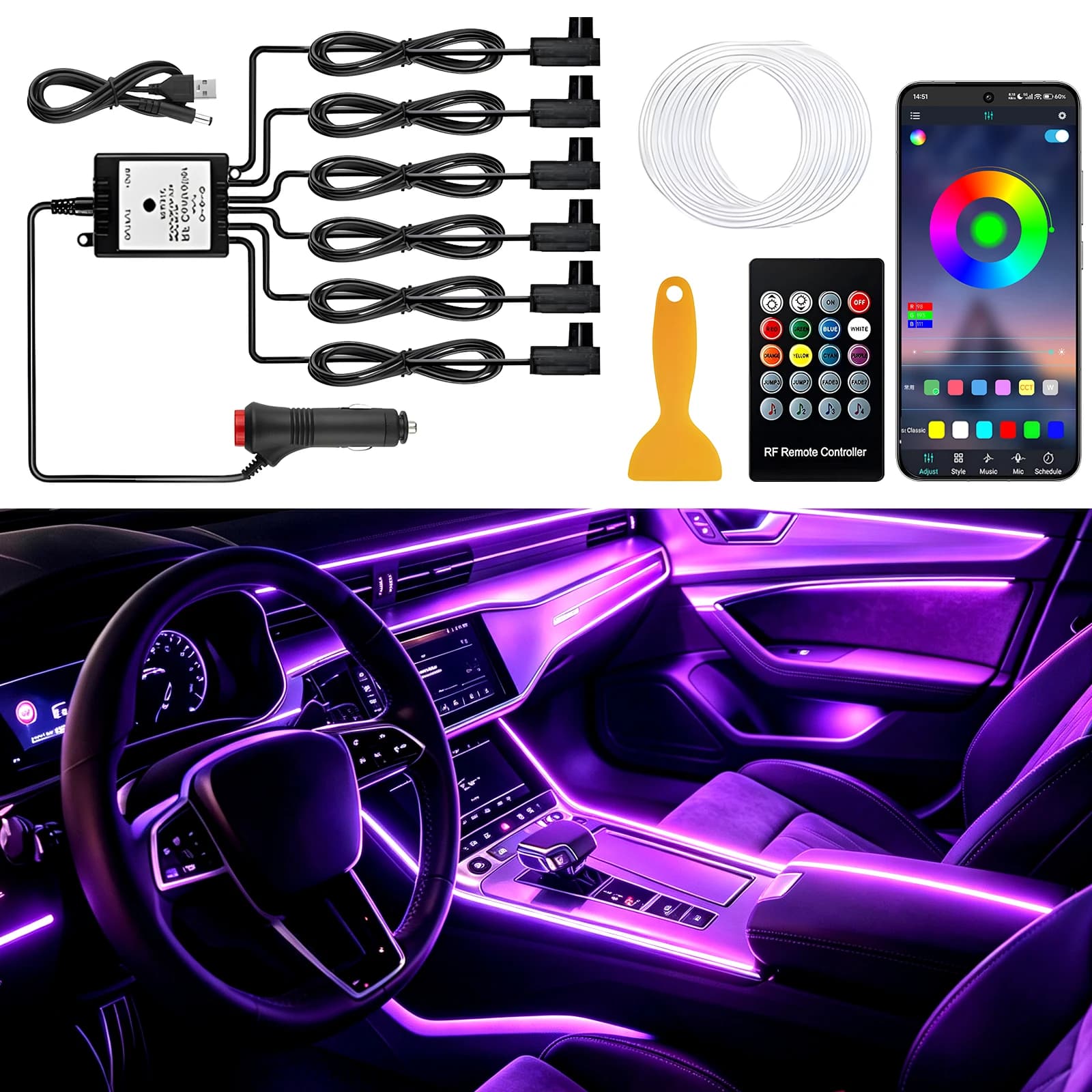 RGB Car Interior Ambient Light Kit APP & Remote Control Flexible Neon LED Strip 12V Auto Decorative Atmosphere Lamp