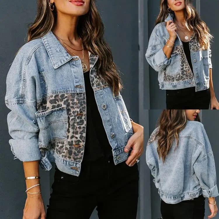 Giacca in Denim a Maniche Lunghe da Donna, Stile Casual alla Moda con Stampa Leopardata e Patchwork, per Autunno e Inverno
