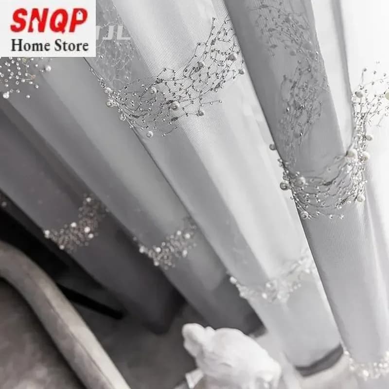 European Gray Tulle Luxury Curtains for Living Room Bedroom Modern Beaded Embroidery Beautiful Elegant Window Custom Yarm Sheer