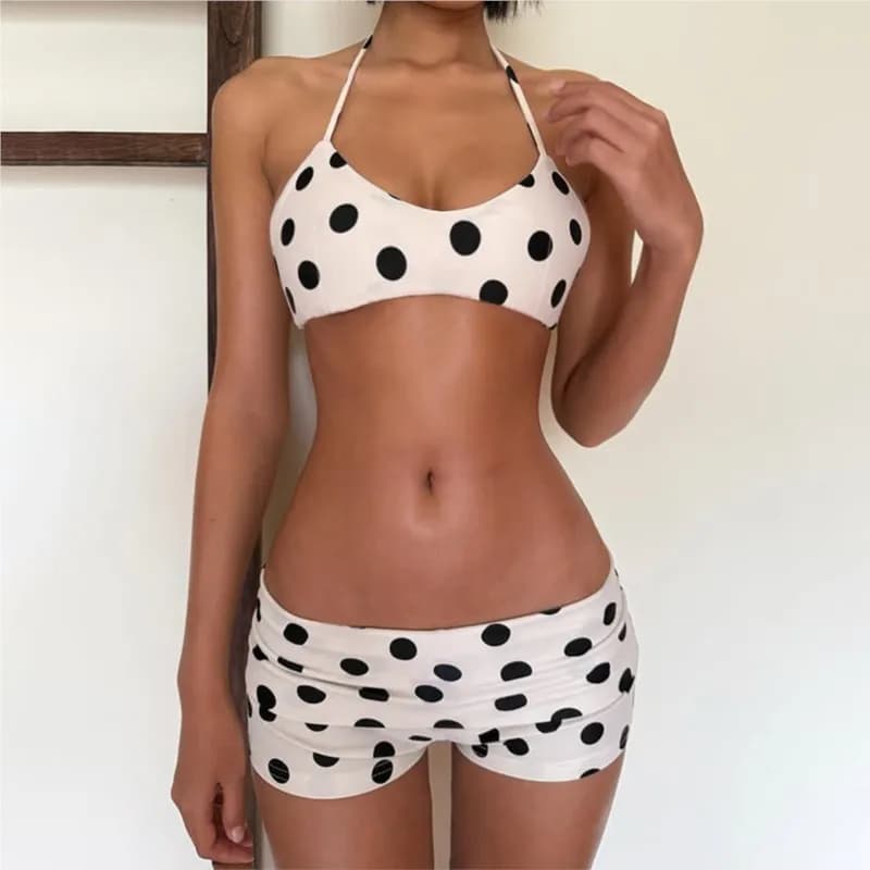 Bikini Y2K con laccetto al collo, sexy, a pois, stile Spice Girls, pantaloncini da spiaggia, costume da bagno estivo da donna, set bikini 2 pezzi con pantaloncini a vita bassa
