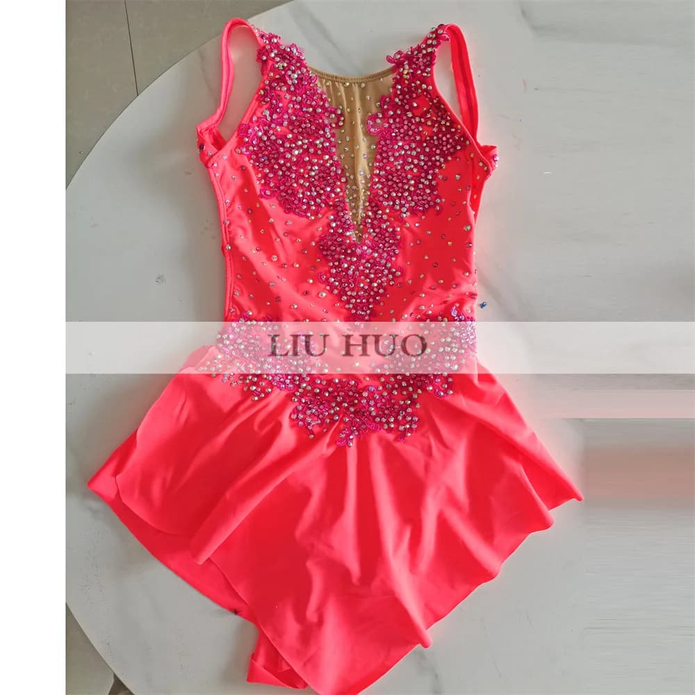 LIUHUO Danza sul Ghiaccio Pattinaggio di Figura Vestito Donna Ragazza Adolescente Personalizza Costume Prestazioni Concorso Body Rosso Senza Maniche Roller