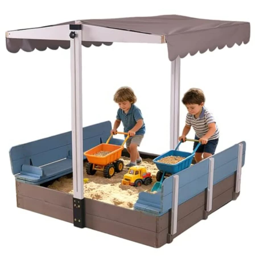 Sabbiera da esterno con coperchio e tettuccio per 2 sedili pieghevoli, tettuccio regolabile, rivestimento protettivo per la sabbia, 47,2 L x 47,2 L x 51,9 H