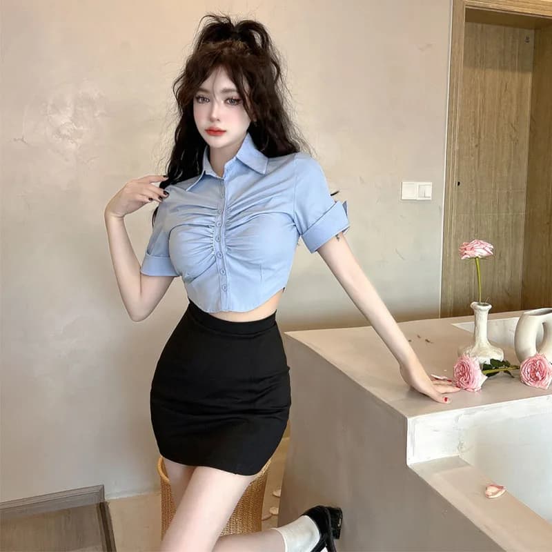 Spice Girl Nuova moda estiva Set da 2 pezzi Uniforme da donna sexy Camicia corta blu e mini gonna a tubino Due pezzi Abiti slim