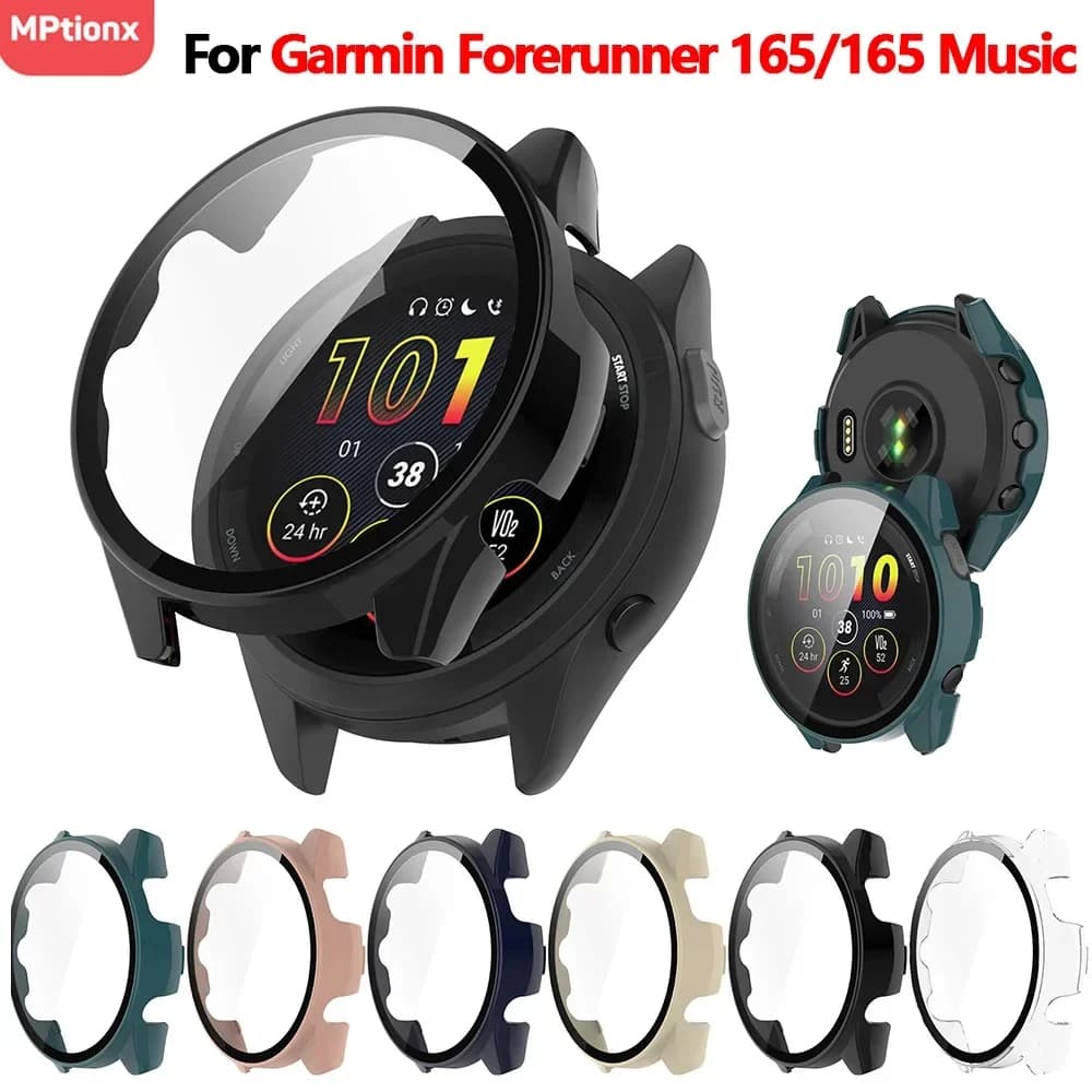 Tempered Glass+Case For Garmin Forerunner 165 PC Hard Screen Protector All-around Bumper Protective Cover for Garmin 165 Music