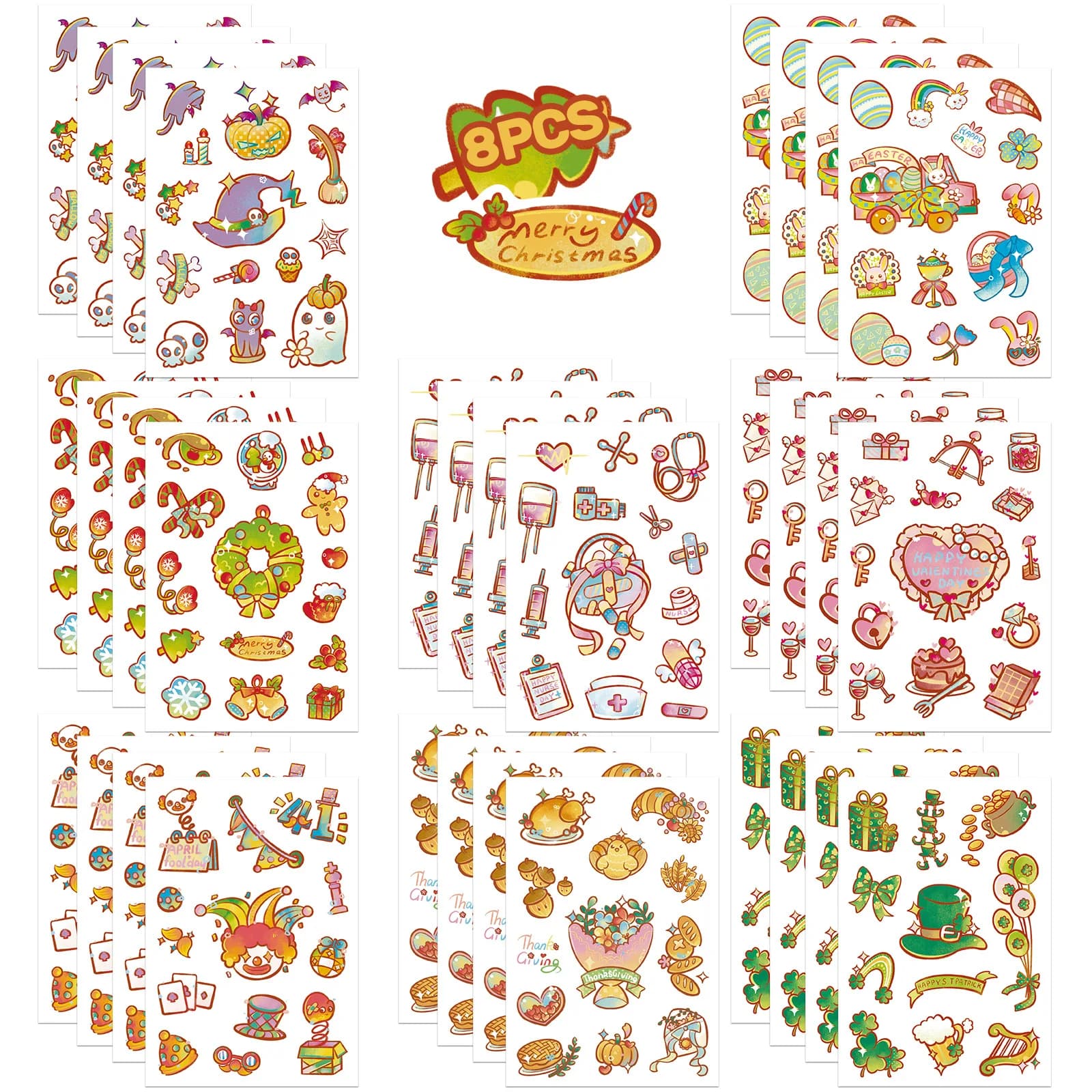 8 fogli Festival Planner Clipart Adesivo Cartoon Fiori Decalcomania Notebook fai da te Chitarra Bagagli Frigo Regali decorativi natalizi