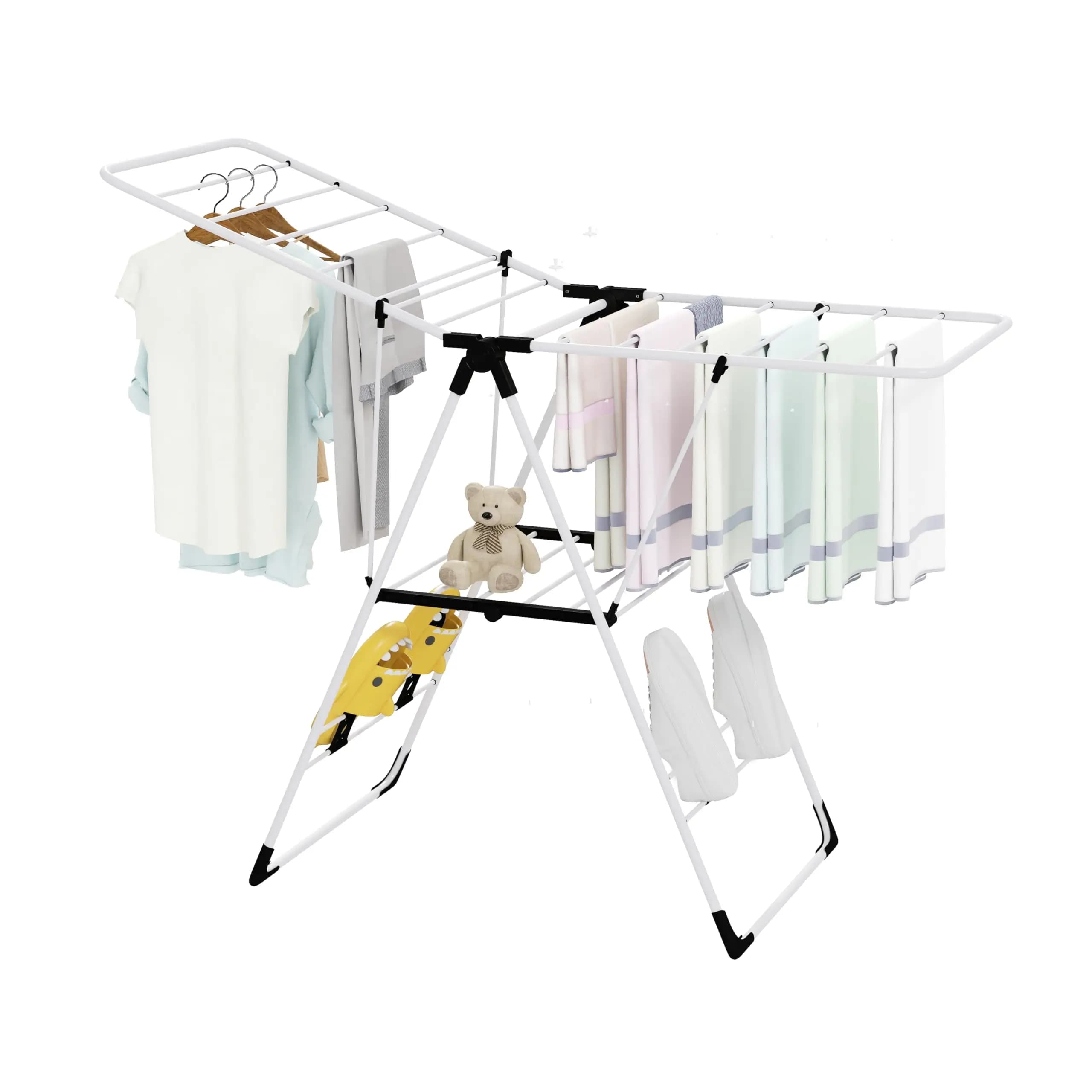 Clothes Drying Rack, Collapsible Laundry Rack with Hanging Rods, Shoe Hangers, Adjustable Gullwing and Foldable Design