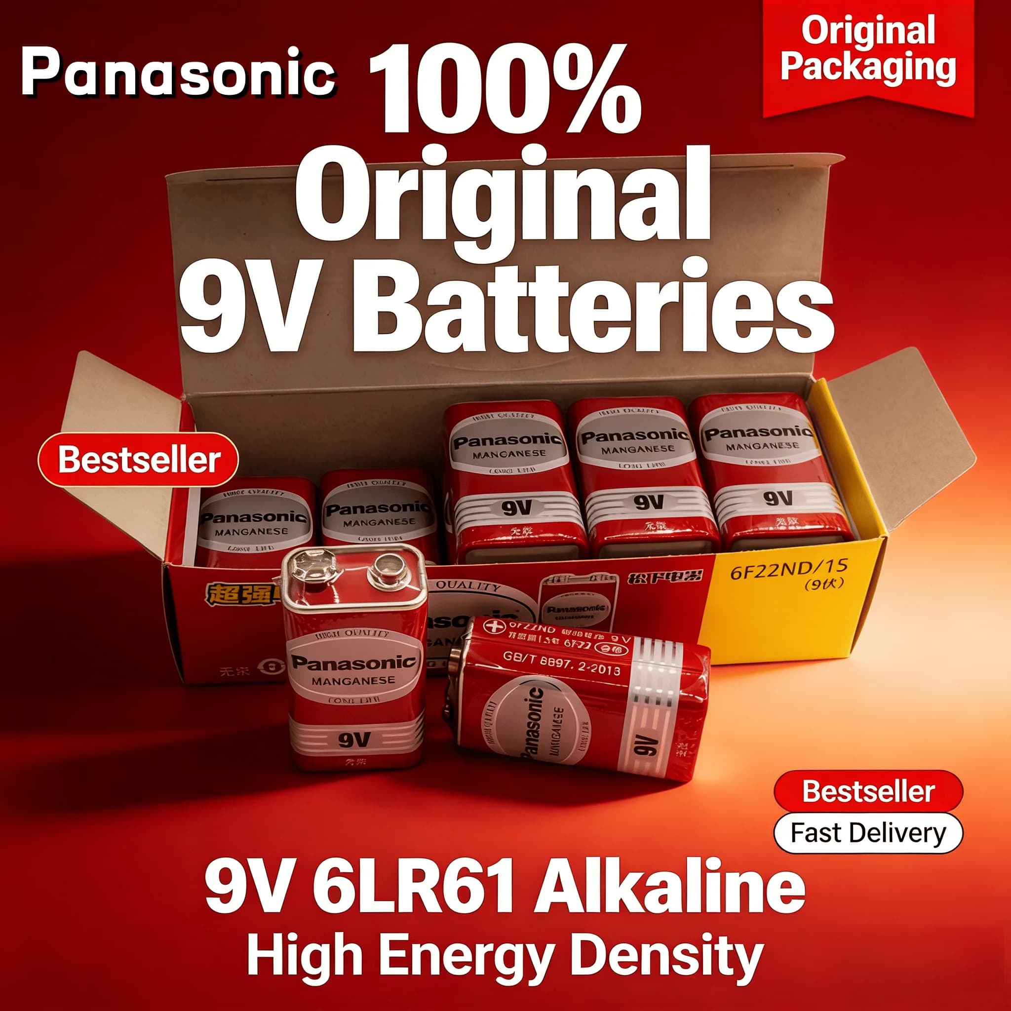 Batteria Alcalina Panasonic 6F22ND 9V 100% Originale, Senza Mercurio e Lunga Durata, per Allarmi/Microfoni Wireless/Rilevatori di Fumo