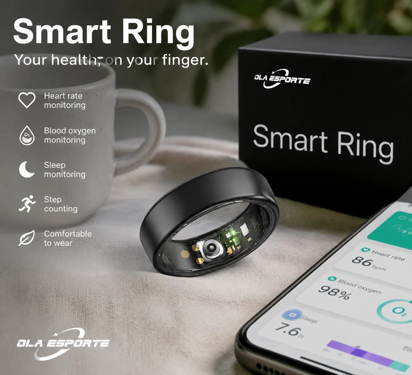 Smart Ring Men Women with Charging Case,Heart Rate Blood Oxygen,Skin Temperature Monitor,5ATM Waterproof Smart Ring Ht30