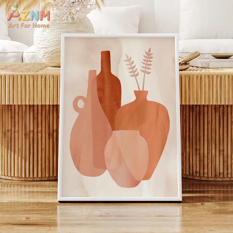 AZNM Terracotta Abstract Vase Canvas Print Watercolor Neutral Earth Tone Minimalist Botanical Pottery Boho Wall Poster Unframed