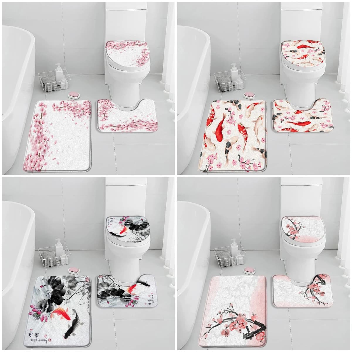 Set Tappetini da Bagno con Fiori di Ciliegio, Decorazioni per il Bagno in Stile Cinese con Carpe Koi e Fiori Rosa, Tappeto per Vasca e Copriwater