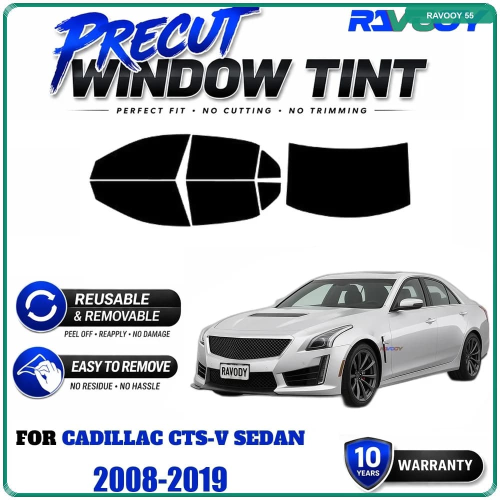 RAVOOY Precut Window Tint, Reusable Removable EPU Film, Custom Fit for Cadillac CTS-V Sedan 2008-2019, UV Heat Protection