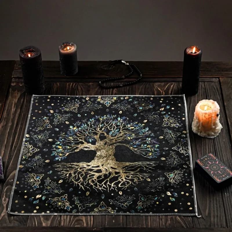 Tavolo da Altare VIKAMA Black Gold World Tree Tarot, Nodo Celtico, Tovaglia per Divinazione Stregoneria, Decorazione Rituale