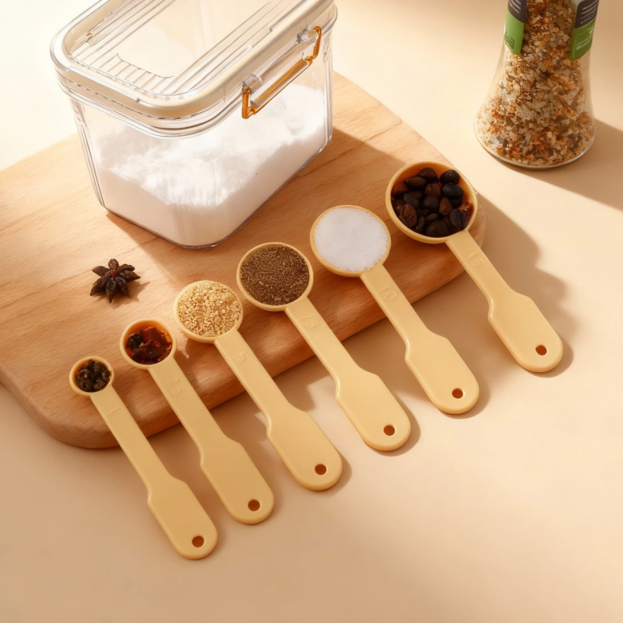 Set di 6 Cucchiai Dosatori Multifunzione per Zucchero, Spezie e Caffè, Cucchiai in Plastica Impilabili, Utensili da Cucina