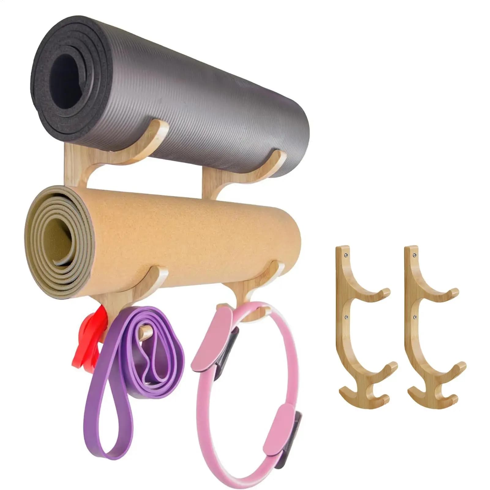 Yoga Mat Holder Wall Mount Wooden Organizer 1 Pair Yoga Mat Holder Wall Storage for Fitness Hoop Resistance Band Jump Ropes Gym