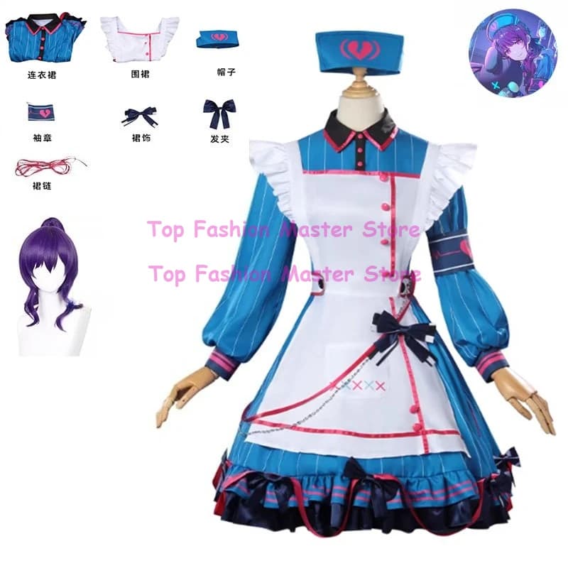Costume Cosplay Anime PJSK Asahina Mafuyu, Costume Project Sekai, Adorabile Uniforme da Cameriera Blu, Vestito con Parrucca, Abbigliamento per Donna