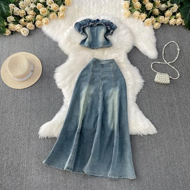 Denim Skirt Suit Women 2 Piece Sets Crop Top Long Skirts A Line Strapless Ruffle Tube Top Long Maxi Jean Skirt Matching Set Y2K