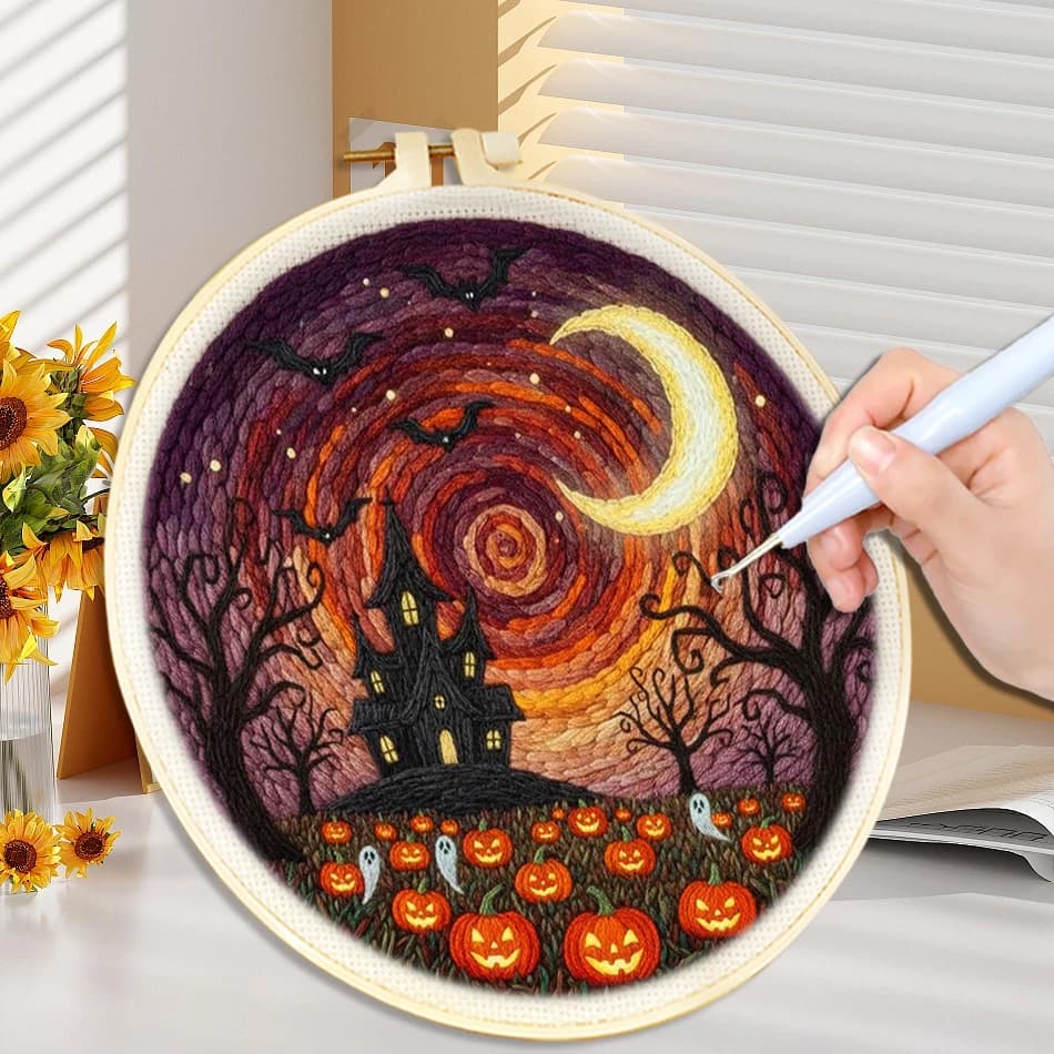 Halloween Haunted House Punch Needle Kit with Hoop Pumpkin Cross Stitch Tools For Knitting Craft Set for Beginners Home Decor