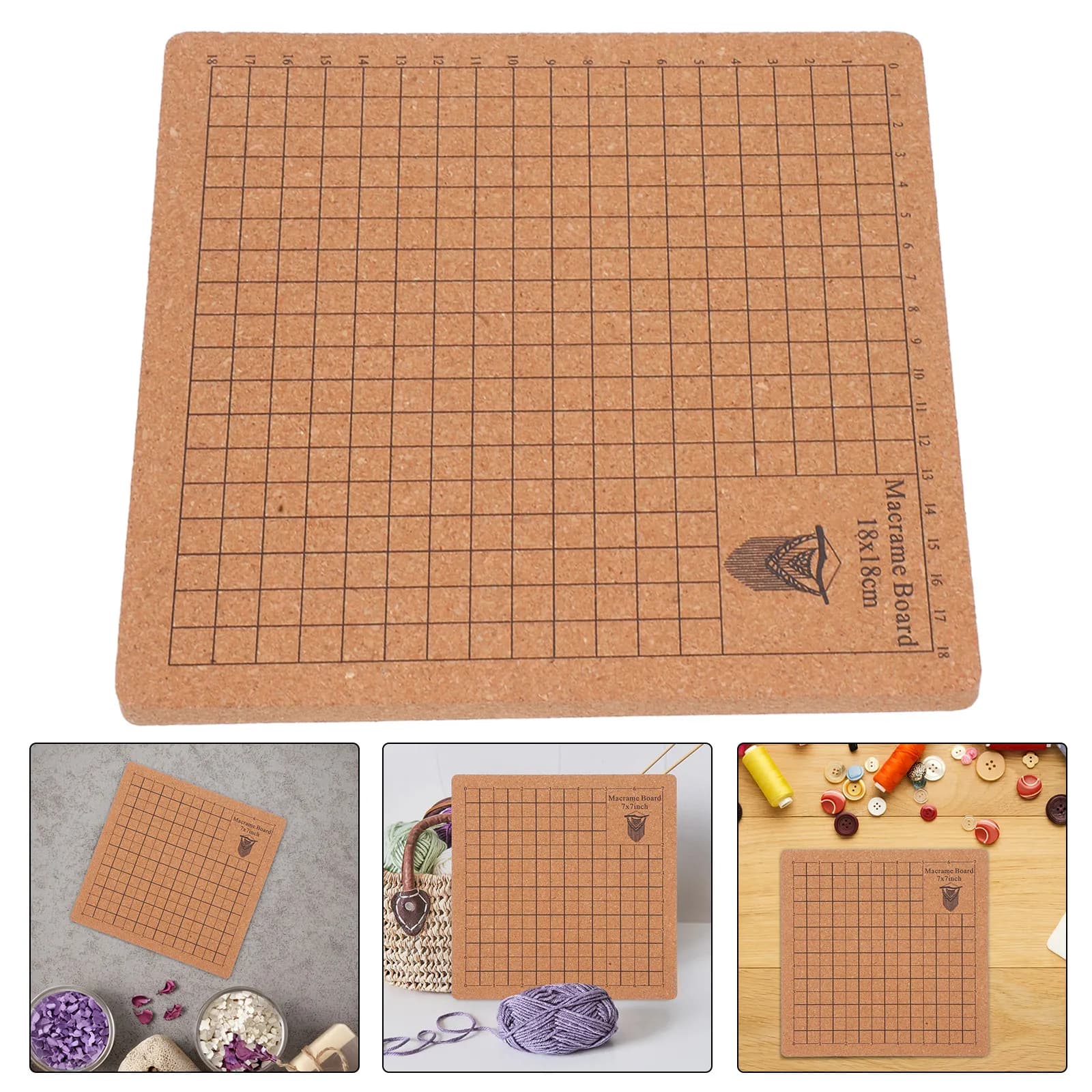 1Set Macrame Knotting Kit DIY Cord Weaving Board 7x7 Inch Cork Material Lightweight for Craft Classes Home Decor