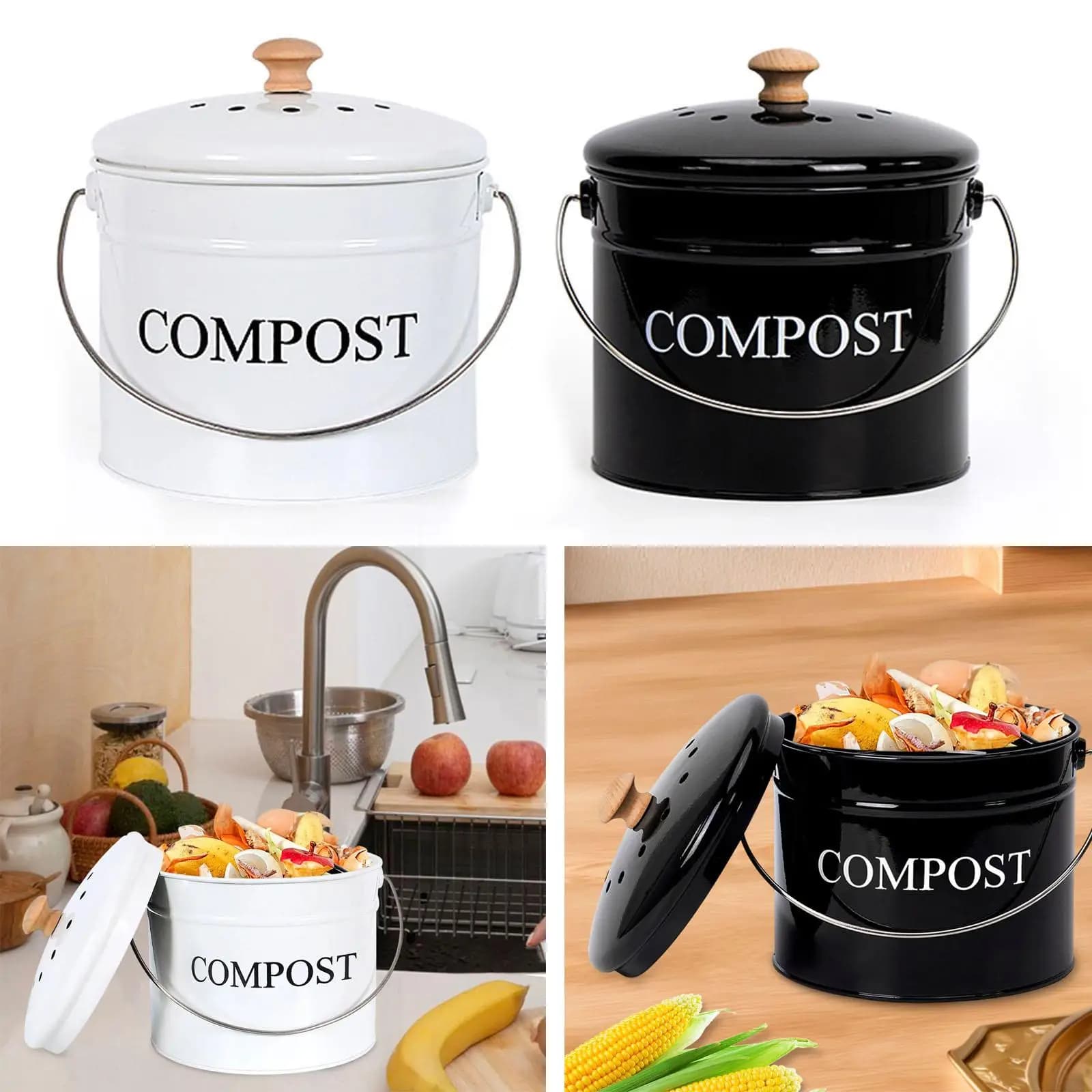 Contenitori per compost da cucina da 1 litro con coperchio Secchiello per compost Filtro per carbone Secchio per compost Rifiuti alimentari per scarti alimentari Contenitori per compost alimentari