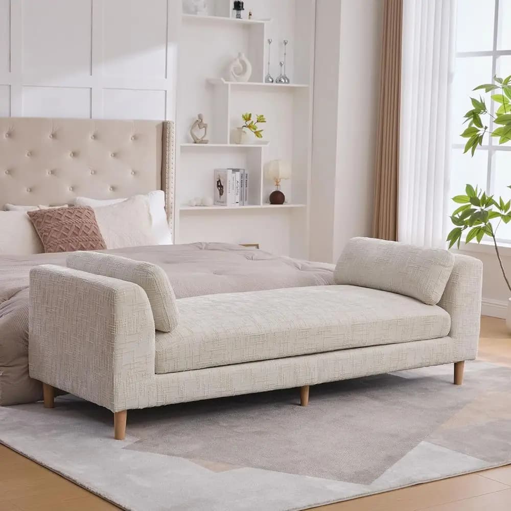 Panca Ottoman Extra Lunga in Ciniglia, Divano Oversize per Camera da Letto con Braccioli e Cuscini (Beige)