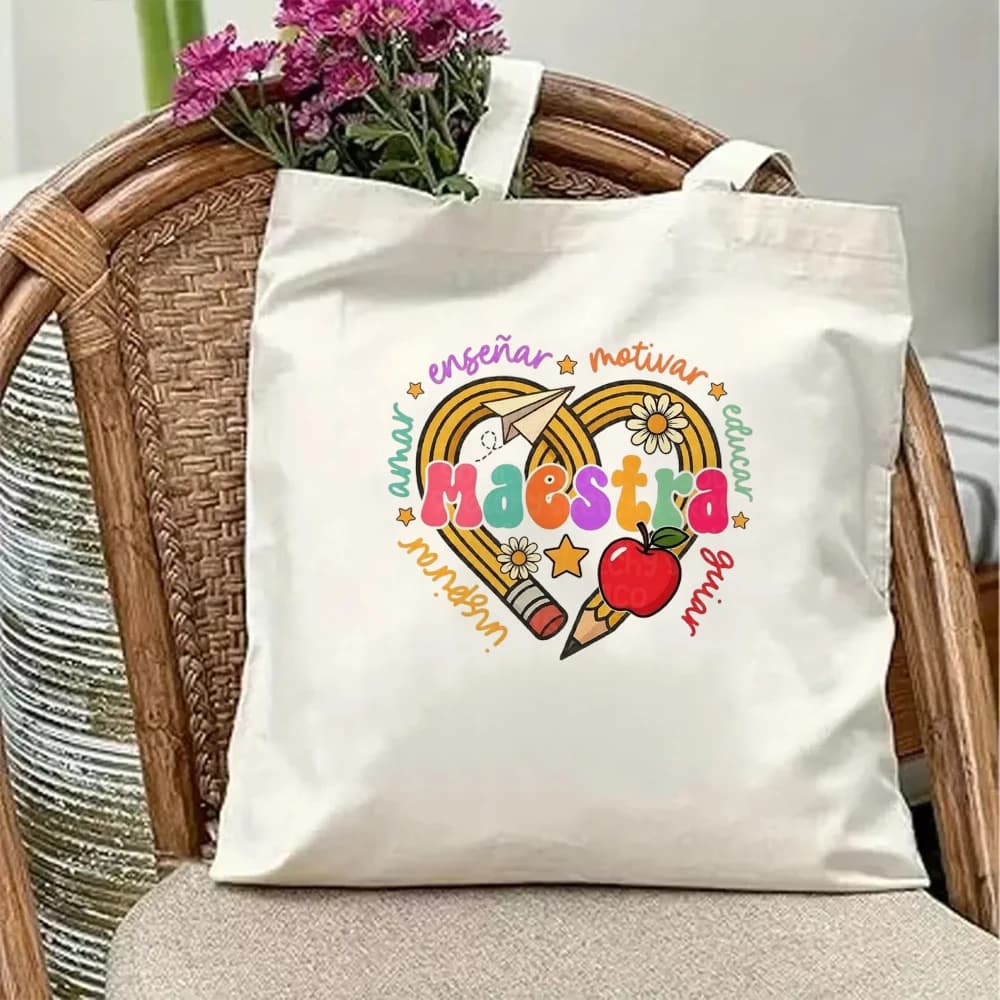 Best Teacher Ever Canvas Tote Bag Cute Apple Graphic Print Appreciation Gift For Women Reusable Shopping Shoulder Purse