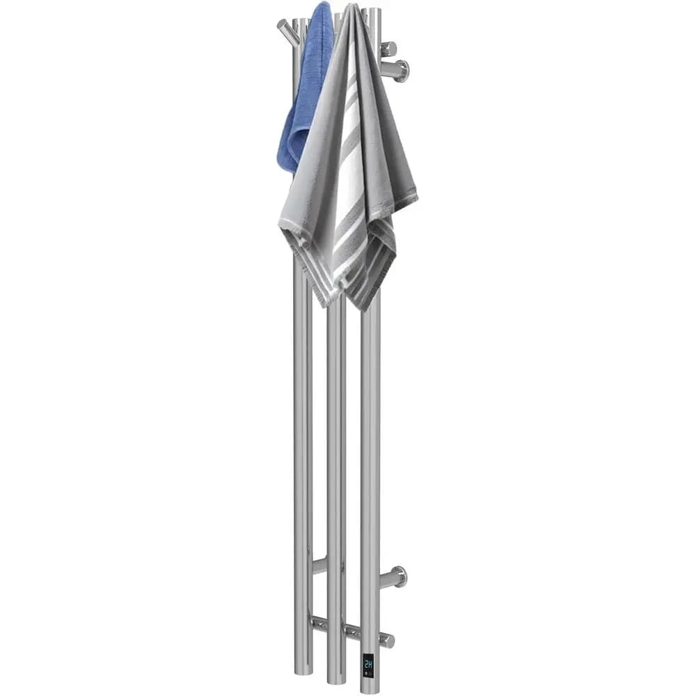Scaldasalviette Elettrico Veal, Montaggio a Parete, Acciaio Inossidabile, Argento, Altezza 38 Pollici, 3 Barre, Timer Digitale con Display LED, Connettore a Spina