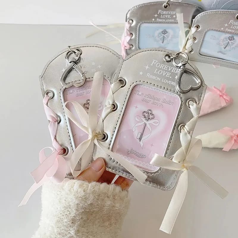 Lace Kpop Photocard Holder INS Style Silver PU Transparent Student ID Card Cover Case with Keychains DIY Bow Ribbon Decor