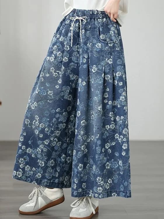 New plus Size Printed Wide Leg Jeans Casual Loose Fit Straight Casual Pants High Waist Cotton Polyester Blend Summer Jeans