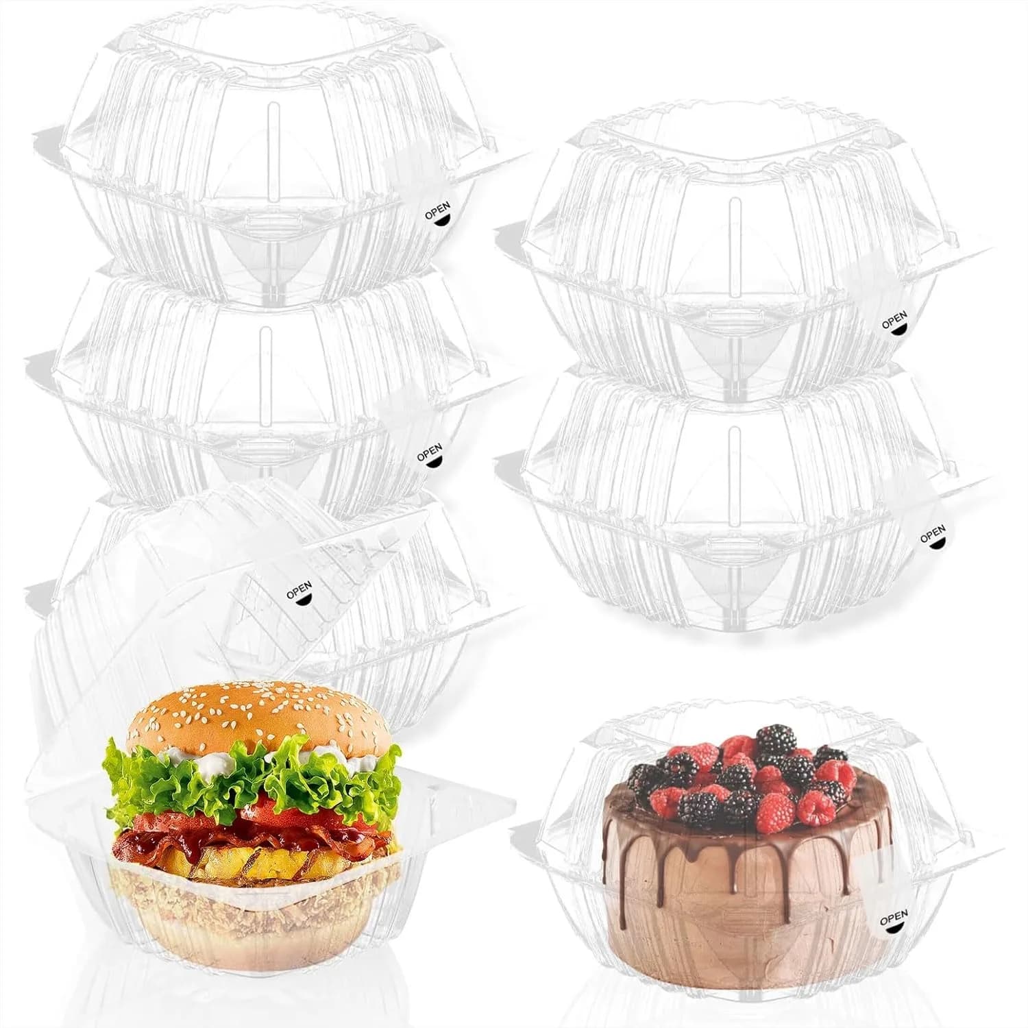 Confezione da 100 contenitori trasparenti per alimenti con coperchi, scatole in plastica con cerniera da 6x6 pollici per dessert, torte, insalate