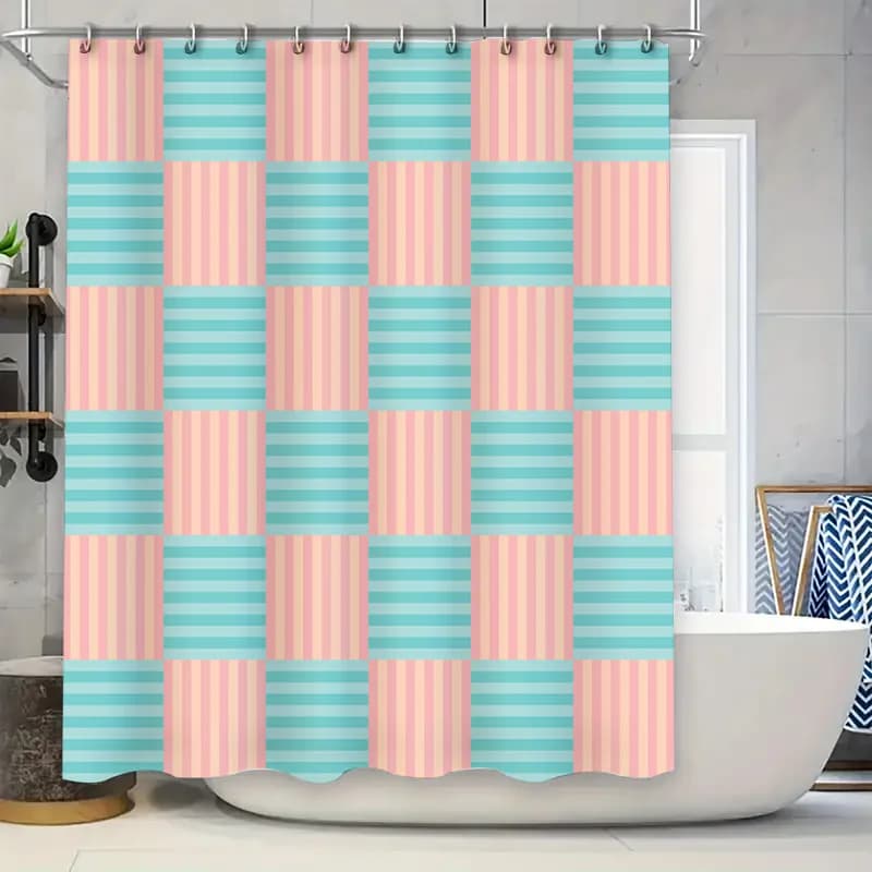 Tenda da doccia a righe blu rosa Decorazioni per il bagno Tende da doccia in tessuto poliestere impermeabile stampato in 3D con anelli a gancio per la casa