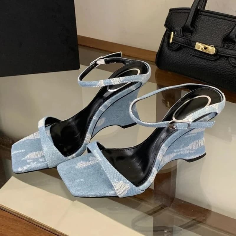 Aneikeh Women Denim Wedge Sandals Slippers Square Open Toe Ankle Buckle Strap Slingback High Heels Summer Casual Dress Shoes