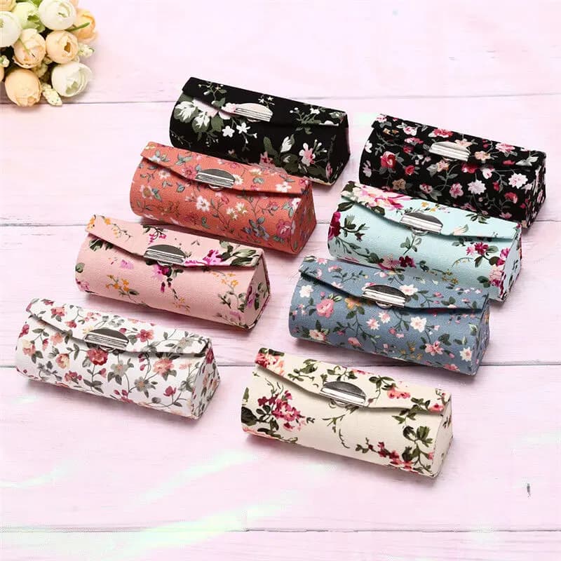Lipstick case with retro embroidered flower designs with mini lip gloss mirror, jewelry holder, tools to store make-up