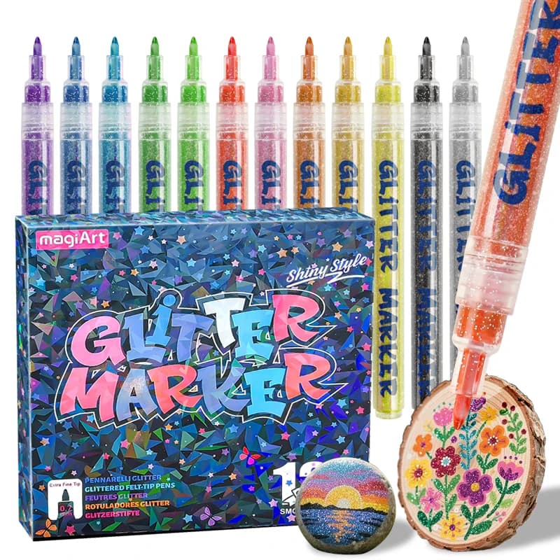 Set di 12-36 Pennarelli Glitterati con Punta Fine, Penne Acriliche Lucide per Arte, Artigianato, Pittura su Legno e Roccia