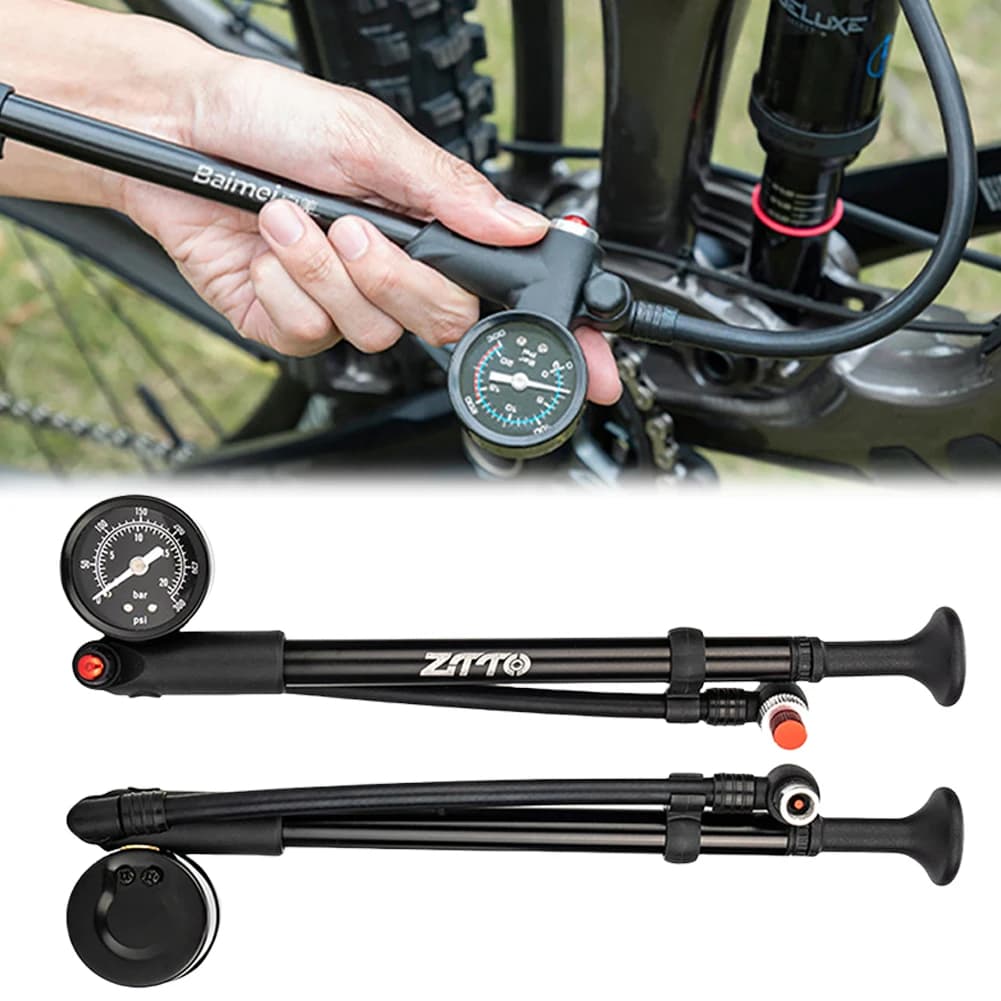 300PSI Bicycle Air Pump with Gauge MTB Bike Shock Pump High Bike Tire Air Pump for Mountain Bike Front/Rear Suspension