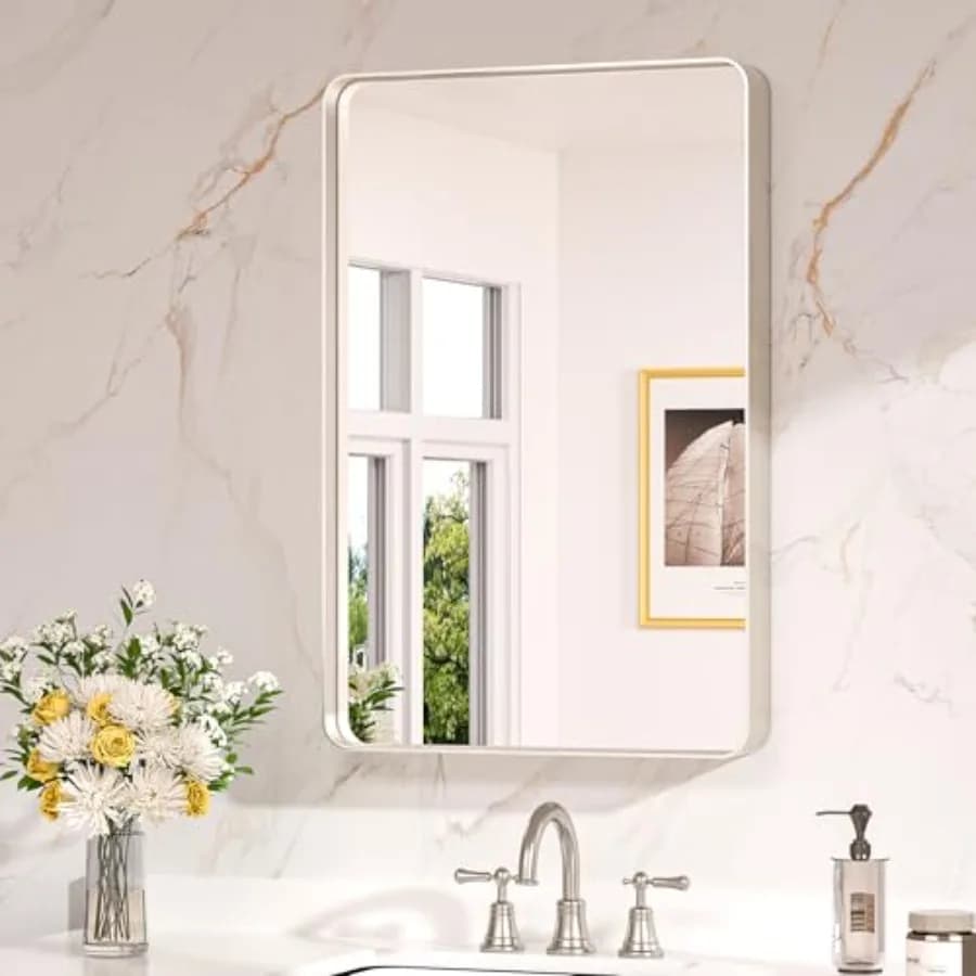 Specchi da bagno 20 x 30 pollici da posizionare sopra il lavabo, specchio da bagno rettangolare arrotondato argentato, specchio da parete in stile rustico, HD Tem