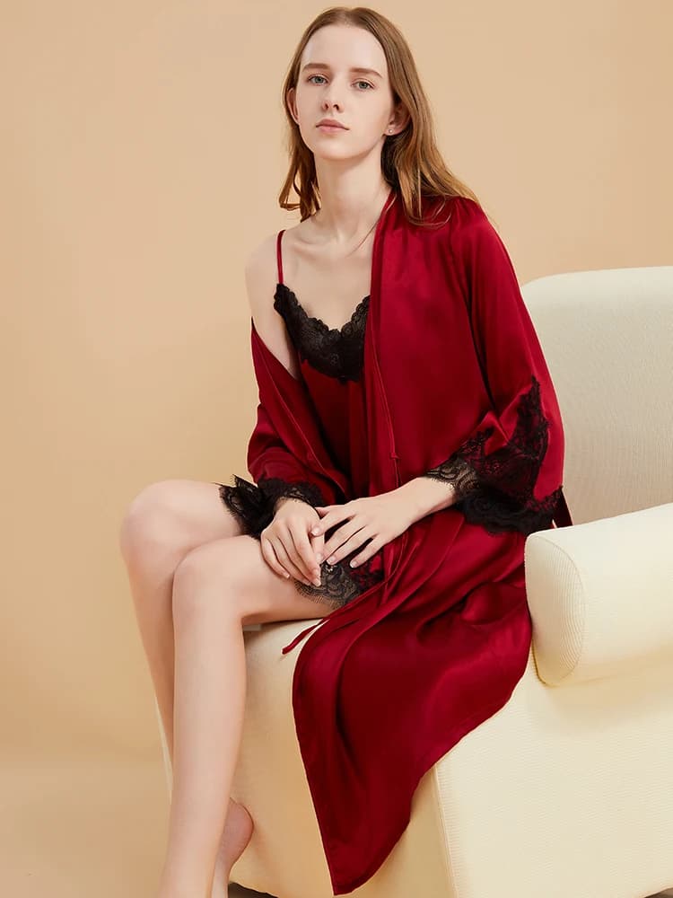 19MM 100% Mulberry Silk Lace Trim Women's Sexy Nightgown Tie Up Bathrobe Slip Dress and Robe Sets V Neck Kimono Robes Sleepwear