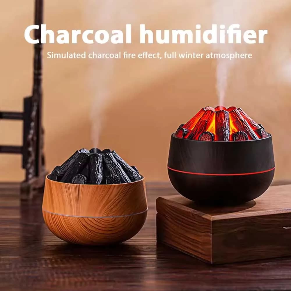 Charcoal-Style Humidifier, Ultrasonic Aromatherapy Diffuser with Flame Effect, Wood-Grain Desktop Mist Humidifier