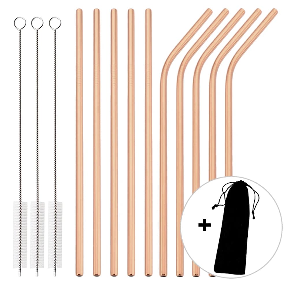 Set di 14 Cannucce Riutilizzabili in Acciaio Inox 304 Color Oro Rosa, Dritte e Curve, con Spazzola per la Pulizia, Accessorio per Casa e Bar