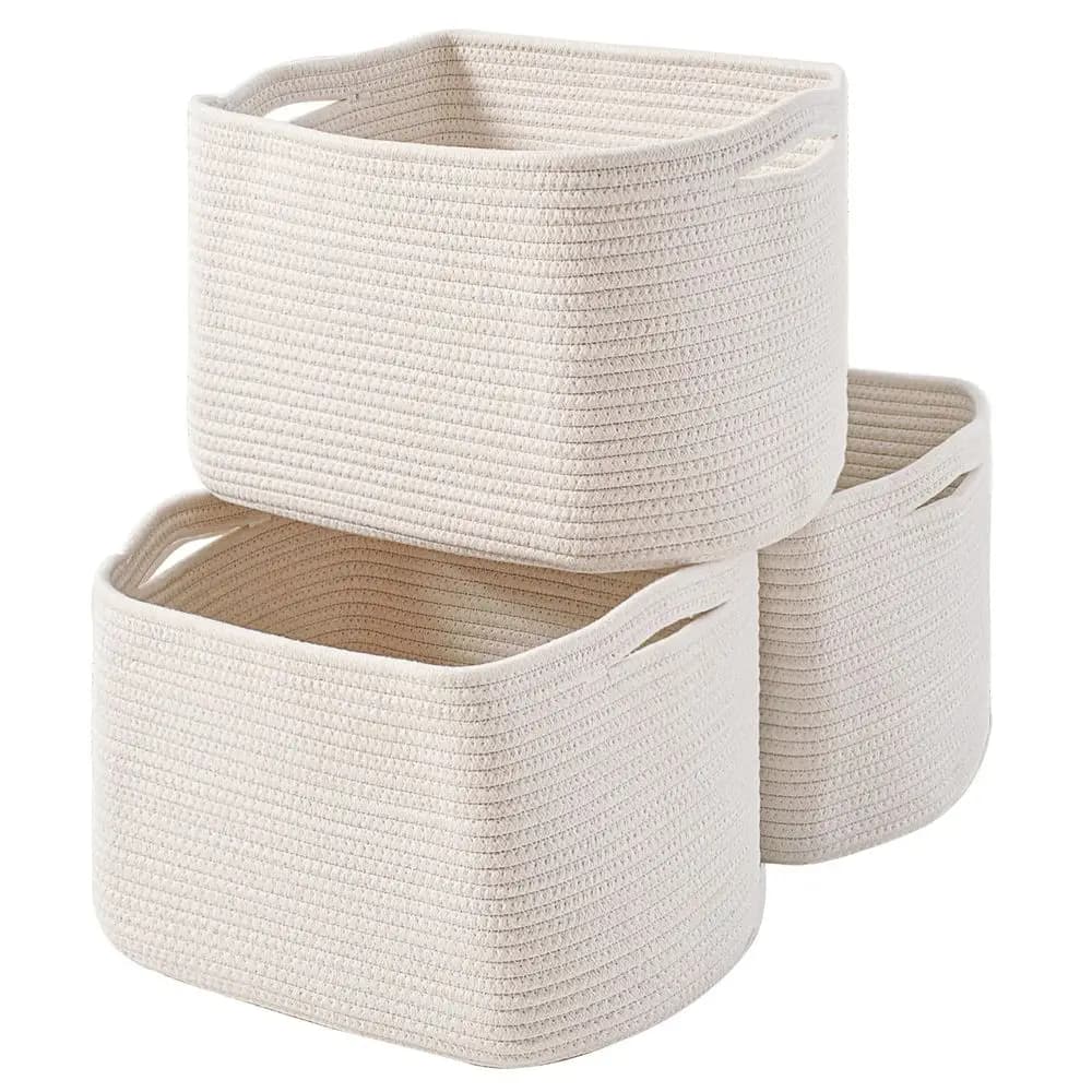 Cesti per Organizzare i Scaffali, Contenitori in Corda di Cotone Intrecciata per l'Organizzazione della Cameretta, Organizzatore per Libri Giocattoli e Asciugamani, 15x11x9.5, 3 Pezzi
