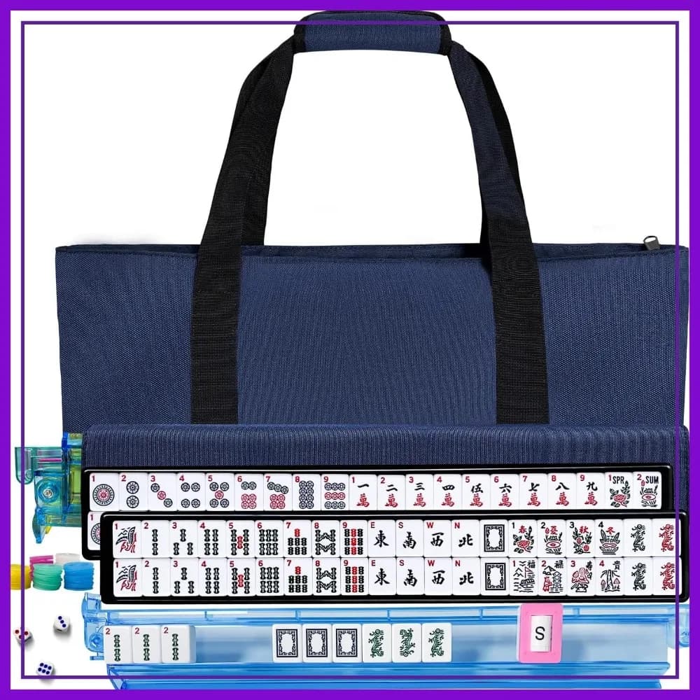 Set Completo di Tessere Mahjong Americano con Borsa, 166 Tessere Bianche, 4 Supporti con Spintori, Gioco da Viaggio