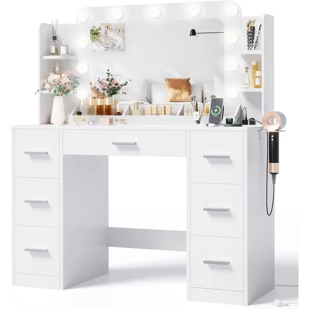 Trick toe with Big Mirror, Lights, Multi-Place, Hair Dryer, 6 Shelves and Bedroom Drawers (Bianca)