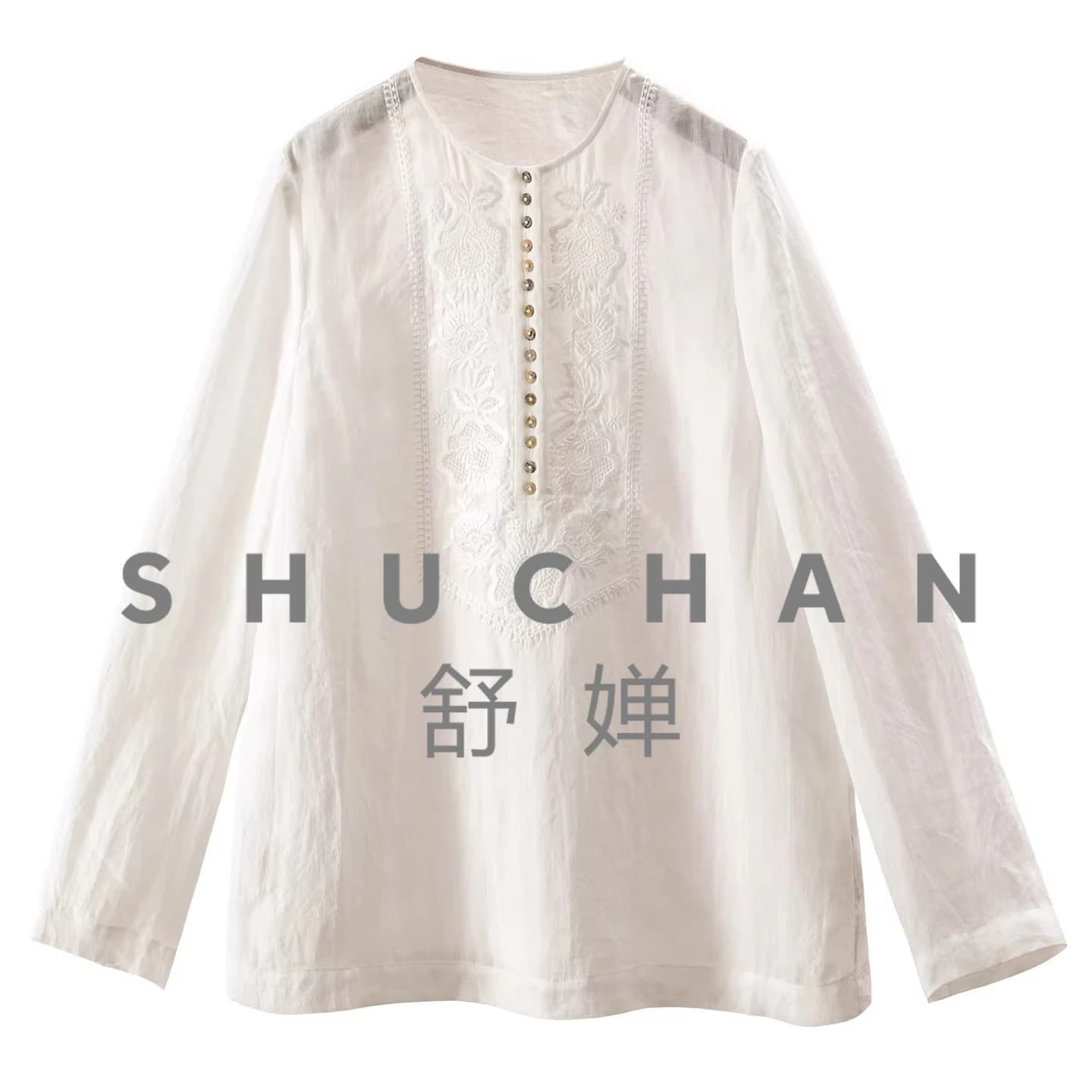 Rara ed Esclusiva Camicia a Maniche Lunghe in Ramie con Ricamo Traforato per Donna 20L4, Blusa da Donna